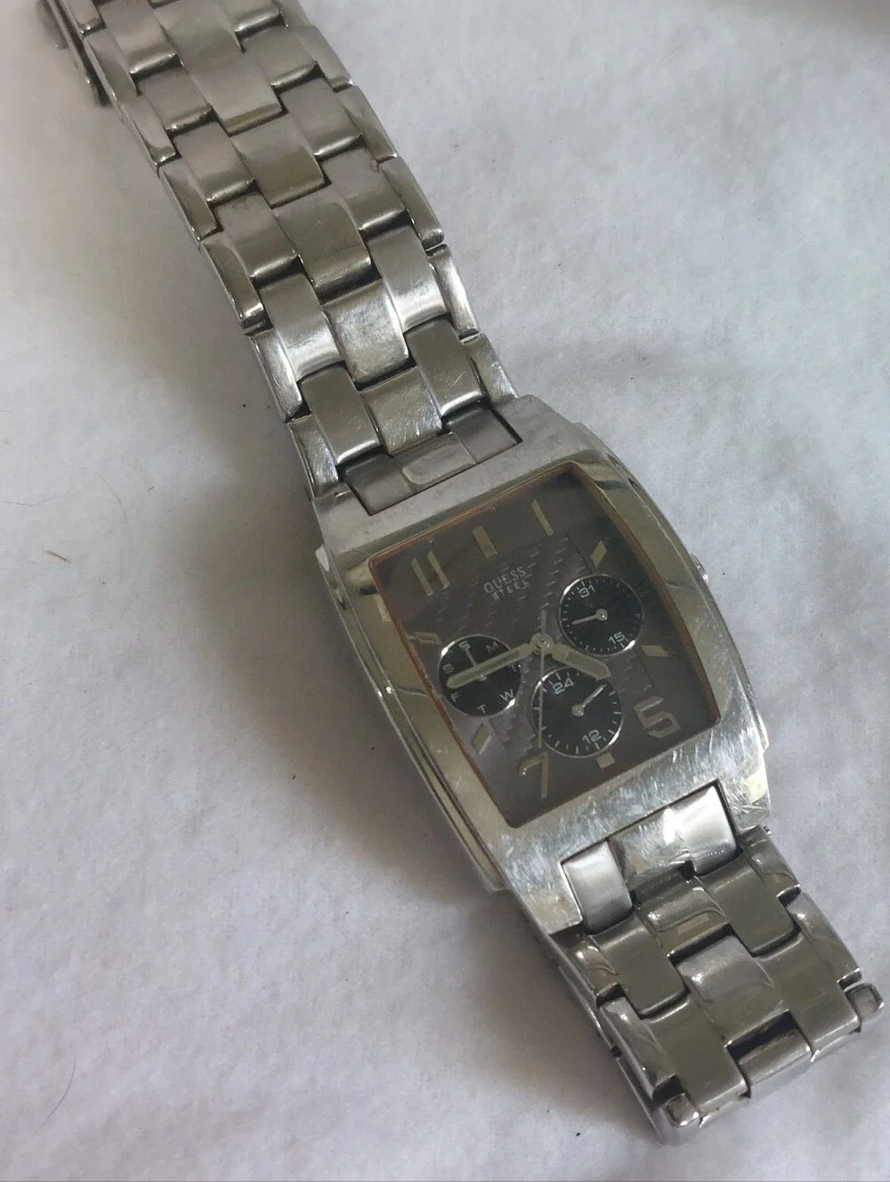 GUESS Steel Square Tank Watch Gunmetal Dial Subdials Silver Tone - Needs Battery